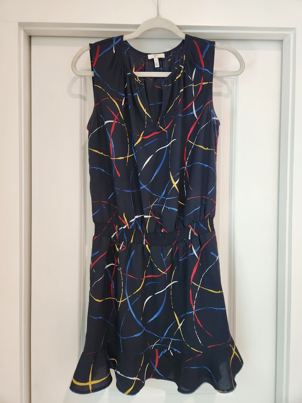 Joie Navy Sleeveless Mini Dress with Red, Blue and Yellow Abstract Lines